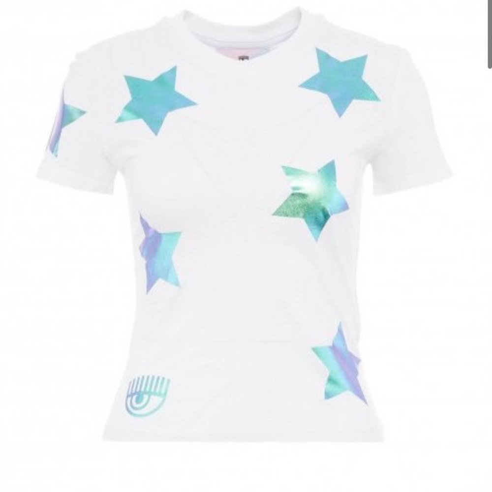 Chiara Ferragni White Kids T-Shirt with Blue Star Accents Size M